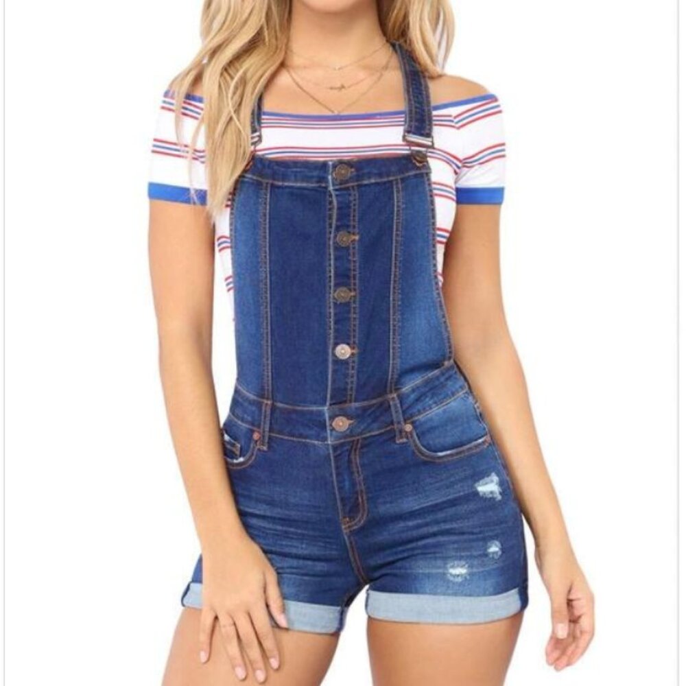 Adjustable Strap Button Front Ripped Short Jeans … - image 1